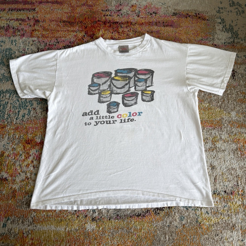 Vintage 90s Bloomberg Publicolor Paint Cans Graphic T-Shirt Single Stitch Large